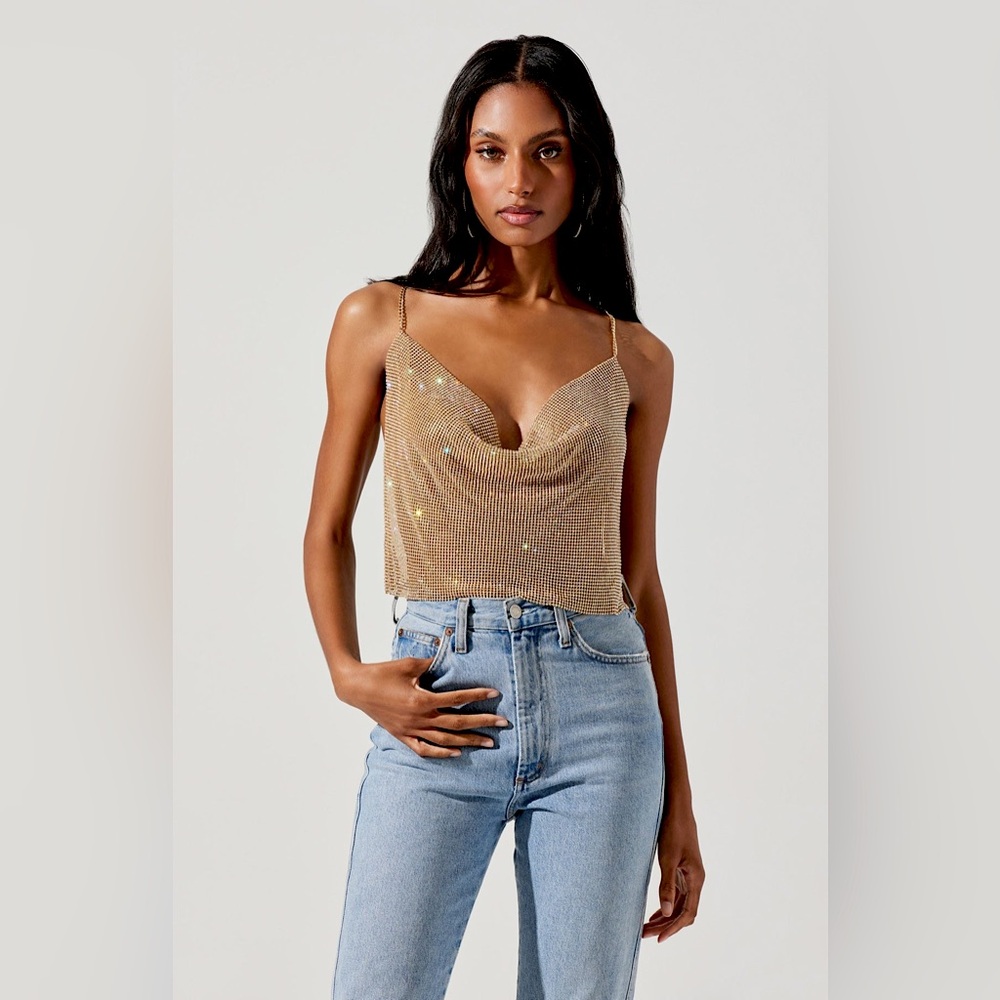 ASTR the Label Mika Rhinestone Mesh Cowl Neck Top - Size Small.